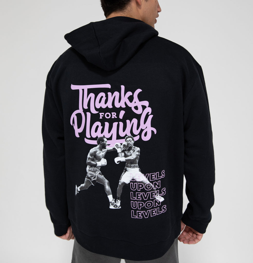 The back side of the Levels Upon levels Fight hoodie.